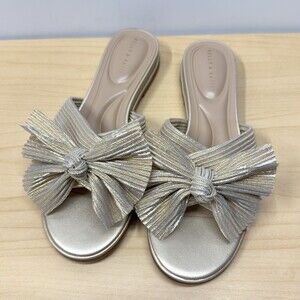 Kelly & Katie‎ Gold Ribbon Bow Tie Slides Sandals, Size 8M, Flats Summer Party